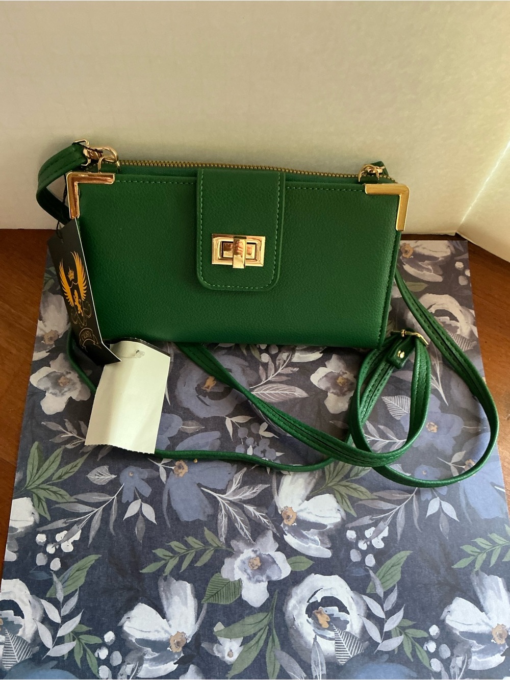 Gold-Accent Green Crossbody Wallet Bag